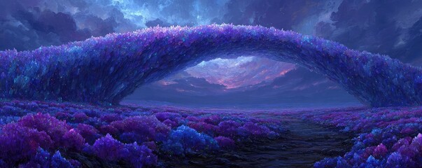 Magical adventure inside cotton candy land concept. Vibrant purple landscape under a dreamy sky with mystical arch.