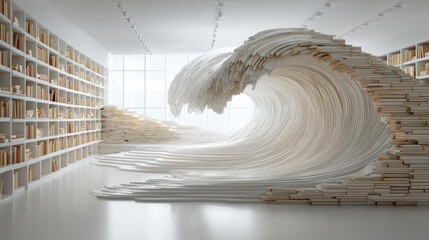 Unique collage of book collection in innovative library concept. A dynamic wave made of books flows through a modern library space.