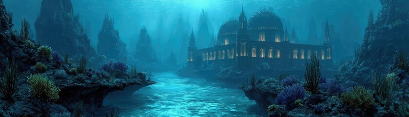 Fantasy underwater library of ocean antiquity concept. An enchanting underwater city with ancient architecture and mystery.