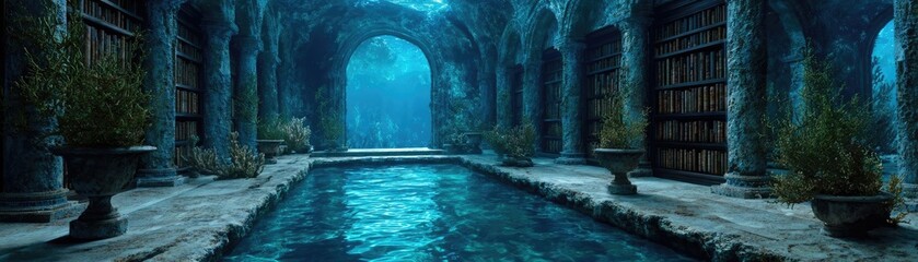 Fantasy underwater library of ocean antiquity concept. Mystical underwater scene featuring ancient ruins and a serene pool.
