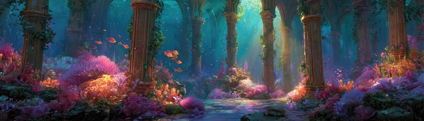 Fantasy underwater library of ocean antiquity concept. A vibrant fantasy forest filled with colorful flowers and light.