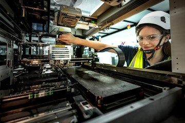 Two female engineers in hard hats and safety vests work with industrial robotic arms in a modern factory, showcasing a skilled workforce driving industrial automation and manufacturing.