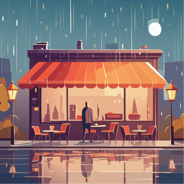 Rainy night cafe scene with reflections