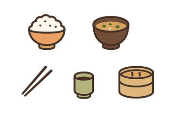 Collection of traditional Asian food icons including rice, miso soup, chopsticks, and a steamer basket