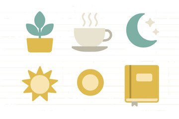 Stylized icons of daily routine elements: hot beverage, houseplant, sun, moon, and journal