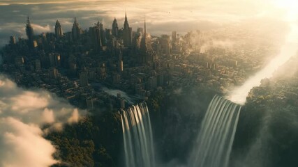City of clouds with majestic waterfalls cascading into the abyss under a serene sky at twilight