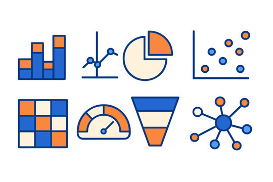 Modern set of data visualization icons including charts, graphs, gauges, and network diagrams for reporting