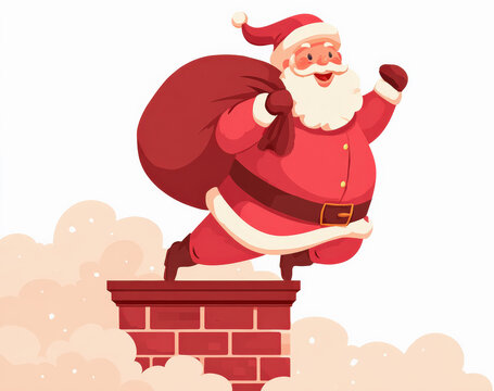 Dibujo tipo vector en colores rojos y blancos de papá Noel saltando desde una chimenea con un saco de tela granate con regalos para los niños en nochebuena