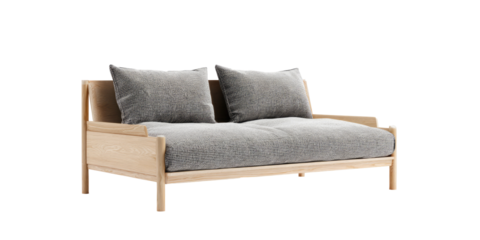 Light wood sectional sofa with gray cushions