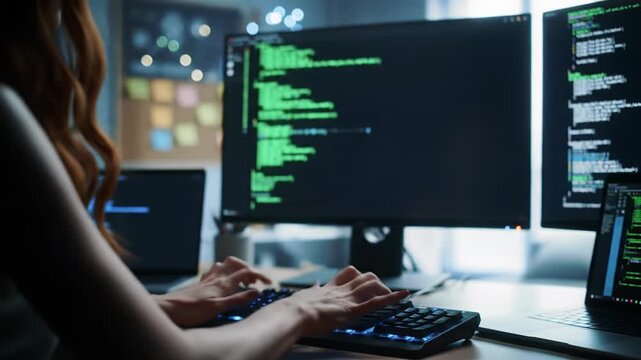 Focused person with long hair typing rapidly on mechanical keyboard; glowing screens display scrolling green/blue code in a dim, neo-noir home office. Concept of nocturnal productivity