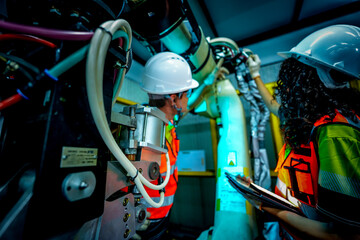 Robotics technicians calibrate a welding robot inside a safety cell. One engineer adjusts the hardware while the other uses a tablet to fine-tune the program for an automotive assembly line.