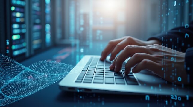Hands typing on a laptop in a futuristic digital environment
