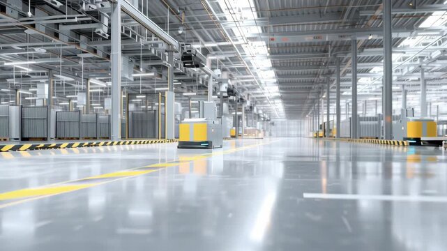 Modern Automated Warehouse Interior with Robotic Systems and Clear Flooring in a High-Tech Environment