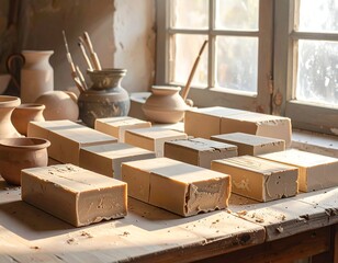Light-filled workshop scene with blocks of handmade soap and pottery
