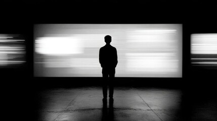 Silhouette of a person in front of a futuristic digital screen in a minimalistic setting,Information Overload Day