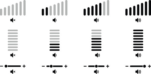 Vector illustration music and audio icons set featuring sound waves, equalizer bars, volume, play, pulse, and waveform elements. Ideal for media apps, UI, and digital design