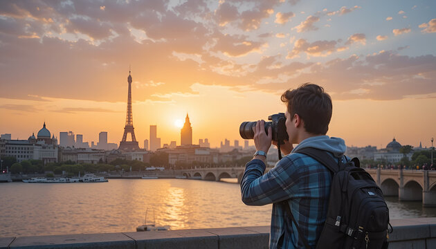 Young Man Taking Photos of Paris Skyline During Golden Hour Sunset