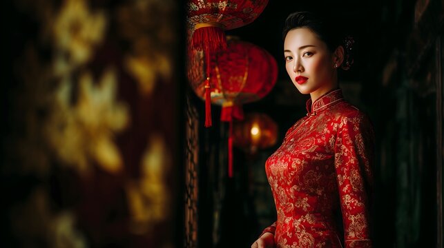 Asian Woman in Traditional Red Dress