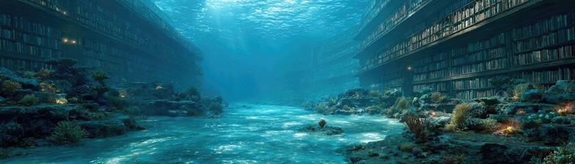 Fantasy underwater library of ocean antiquity concept. An underwater library filled with books and aquatic life.