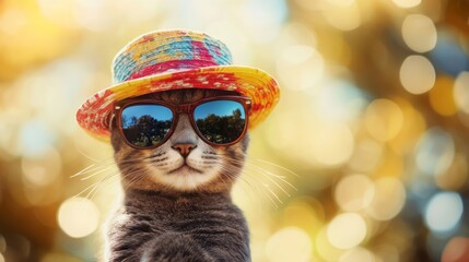 A stylish cat wearing a hat and chic sunglasses, enjoys the summer vibes outdoors. This charming feline radiates joy and a carefree spirit, showcasing its unique personality and bringing smiles to all