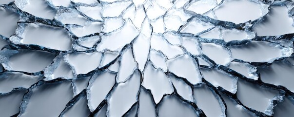 Broken glass on white background texture concept. Detailed close-up of ice layers creating a unique icy pattern.