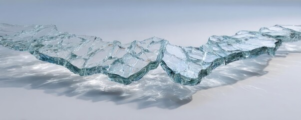Broken glass on white background texture concept. Artistic glass pieces create a stunning abstract wave effect.