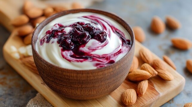 Almond Yogurt with Blueberry Compote in Wooden Bowl