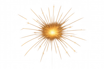 Sparkler explosion effect creating glowing golden particles burst and light rays, transparent background
