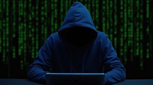 Anonymous hacker in hoodie working on laptop with digital rain background