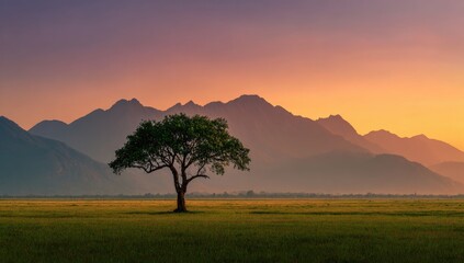 Solitary tree in a vast, golden field at sunrise, silhouetted against a range of hazy purple and orange mountains under a soft, pastel sky