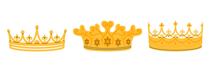 Crowns set. Golden royal jewels headdress. Symbol of king, queen, prince and princess. Aristocratic, coronation, monarchy concept. Hand drawn flat vector illustration on white background © Marta Sher
