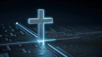Glowing cross neon circuit board technology faith spiritual futuristic digital health care innovation symbol glowing circuit board neon cross faith - Powered by Adobe