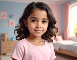 Smiling young girl in a pink shirt in a bedroom