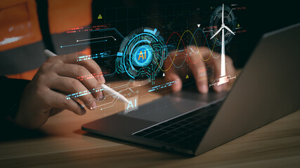 Engineer analyzing AI-powered smart industrial system with digital holographic design, symbolizing innovation, automation, and advanced technology in modern factory and future industry.