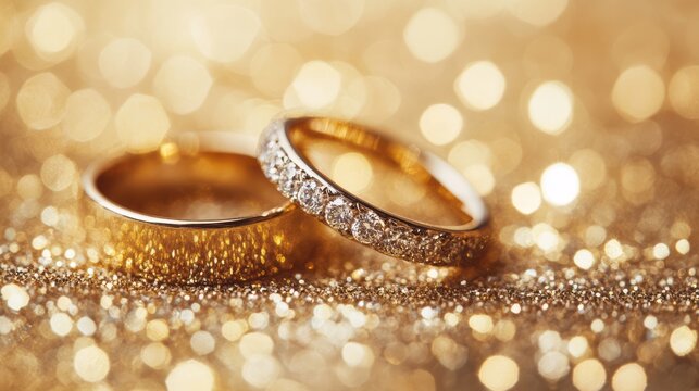 The beautifully crafted wedding rings shine against golden background, creating a perfect ambiance for couples celebrating their enduring lovean unforgettable moment to cherish forever in their hearts