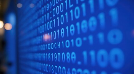 Digital binary code displayed on a blue screen