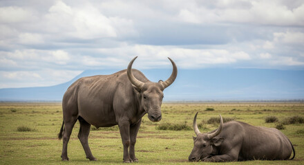 Obraz premium Two Large Wild Buffaloes Standing and Resting in a Grassy African Savannah