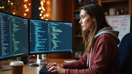 Woman programmer working late at night on dual monitors