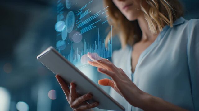 Woman Interacting with Digital Data Display on Tablet in Modern Office Environment