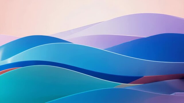 Abstract composition of undulating layers, gradient colors of blue, violet, and coral on a soft peach background