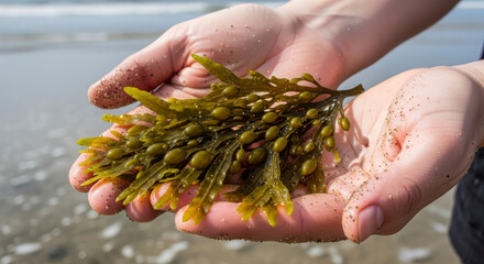 Hands holding harvested seaweed from the ocean shore
