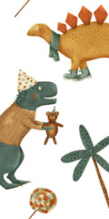 Whimsical Dinosaurs Joyfully Celebrating with Colorful Toys and Tasty Treats Galore