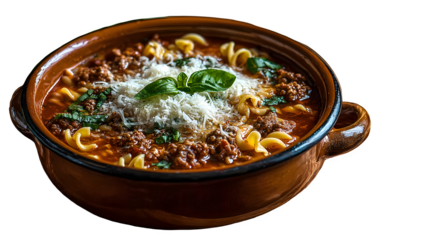 Hearty pasta soup brimming with rich meat sauce, tender noodles, and fresh basil, topped with grated Parmesan cheese for ultimate comfort and flavor.