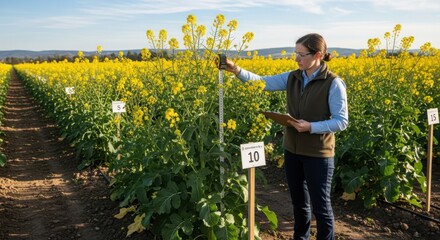 Agronomist measures growth of highyield rapeseed plants highlighting robust seed clusters and enhanced productivity in controlled experimental plots.