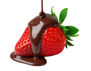 A ripe strawberry being drizzled with smooth, dark chocolate. Green leaves accent the fruit