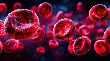 Thrombus obstructing red blood cells stream in artery concept. Close-up view of red blood cells in a dynamic environment.