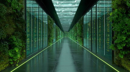 Sustainable Data Center Bathed in Sunlight with Glowing Green LEDs