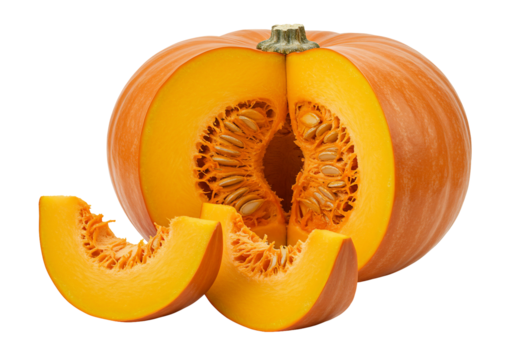 Pumpkin cut open showing seeds slices isolated