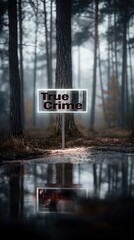 A transparent glass sign with the words " True crime " written on it, placed in an abandoned foggy forest.
