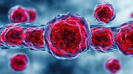 Thrombus obstructing red blood cells stream in artery concept. Microscopic view of vibrant red cells against a blue background.